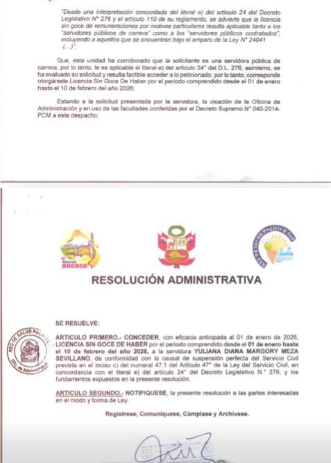 Yuliana Meza licencia sin goce haber resolucion