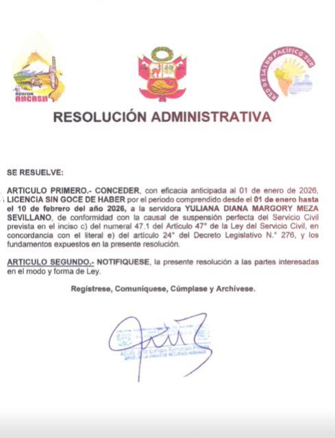 Yuliana Meza licencia sin goce haber resolucion
