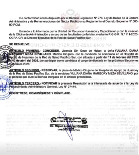 Yuliana Meza licencia sin goce haber resolucion