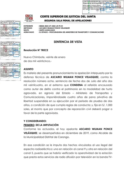 Sala Superior de la Corte del Santa absolvió y ordenó la anulación de los antecedentes policiales y judiciales de Willy Ponce