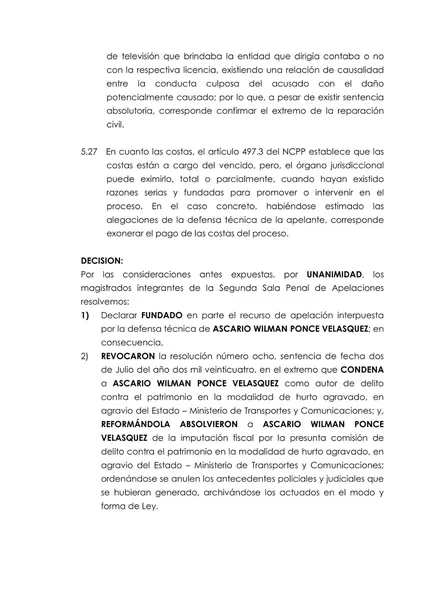 Sala Superior de la Corte del Santa absolvió y ordenó la anulación de los antecedentes policiales y judiciales de Willy Ponce