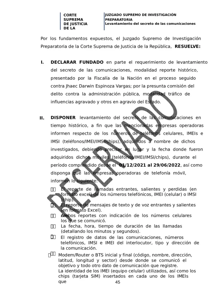 Corte Suprema declara fundado el levantamiento del secreto de comunicaciones de Darwin Espinoza