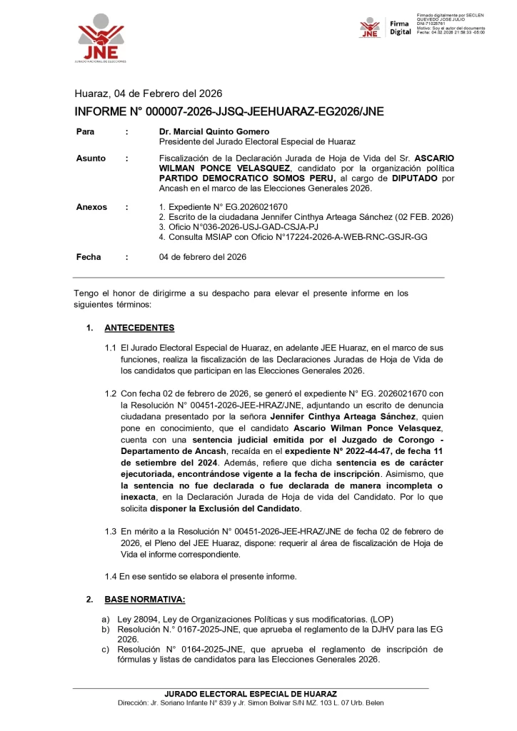 Fiscalizador de JEE - Huaraz informa que candidato a Diputado Willy Ponce no habría omitido información sobre sentencias judiciales
