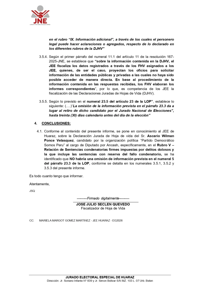 Fiscalizador de JEE - Huaraz informa que candidato a Diputado Willy Ponce no habría omitido información sobre sentencias judiciales