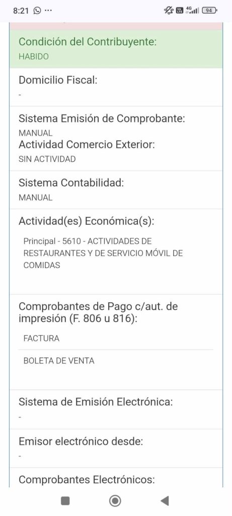 Jennifer Arteaga Sánchez actividad de servicio sunat