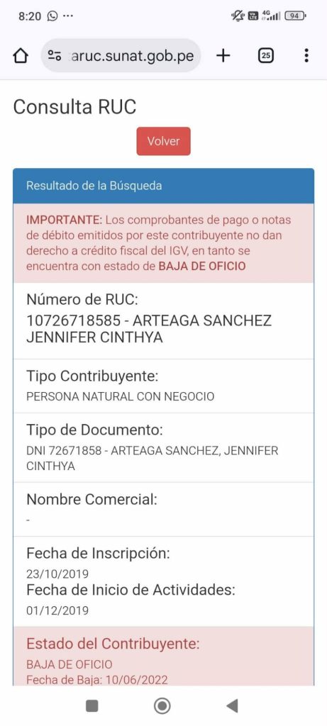 Jennifer Arteaga Sánchez registra baja de oficio en la sunat